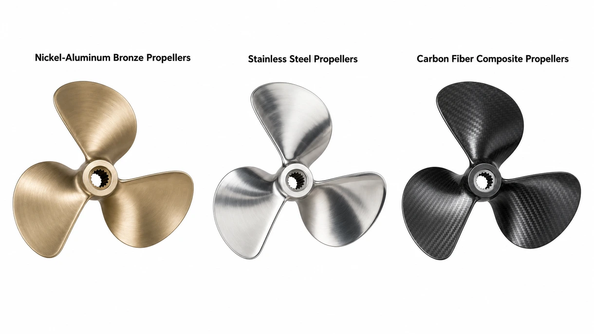 Gros plan détaillé d'une pale d'hélice usinée en bronze d'aluminium au nickel, montrant la finition de surface de précision et le profil hydrodynamique du bord d'attaque.