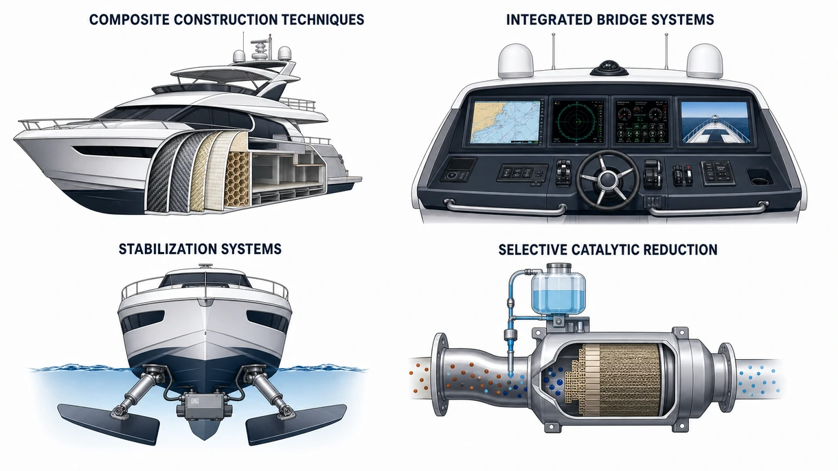 Vue détaillée de l'intégration structurelle d'un flybridge en fibre de carbone et des écrans de navigation intégrés sur un yacht à moteur.