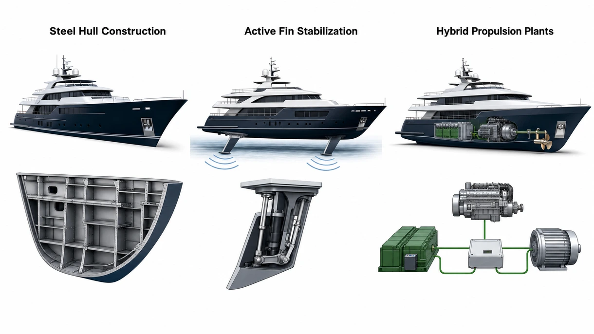 Gros plan technique d'un yacht coque à déplacement équipé de stabilisateurs à ailerons actifs et d'un revêtement antifouling haute performance.