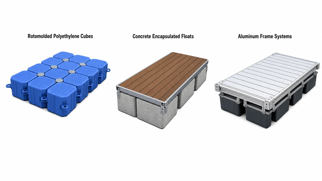 Gros plan sur les axes d'interconnexion haute résistance et le matériau PEHD stabilisé aux UV d'une section de ponton flottant modulable de qualité professionnelle.