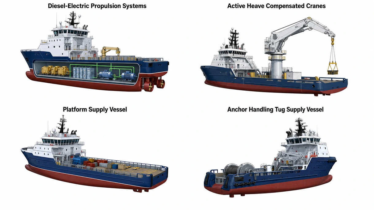 Gros plan technique d'un propulseur de positionnement dynamique et d'un treuil à compensation active de pilonnement sur un navire de service offshore.