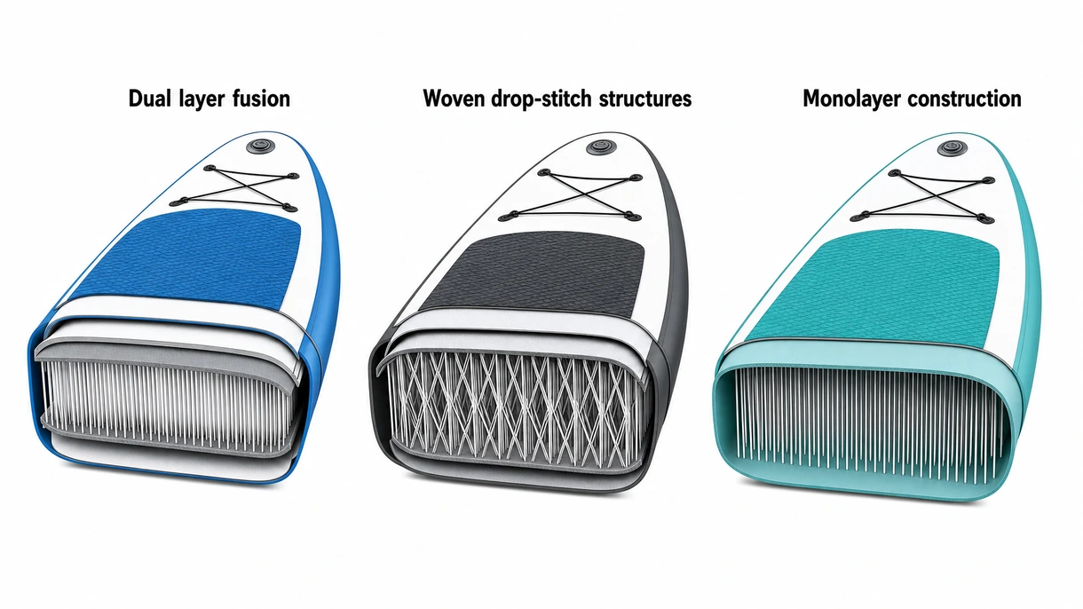 Vue technique détaillée des fibres internes drop-stitch tissées et du revêtement fusion double couche sur un iSUP de qualité professionnelle.