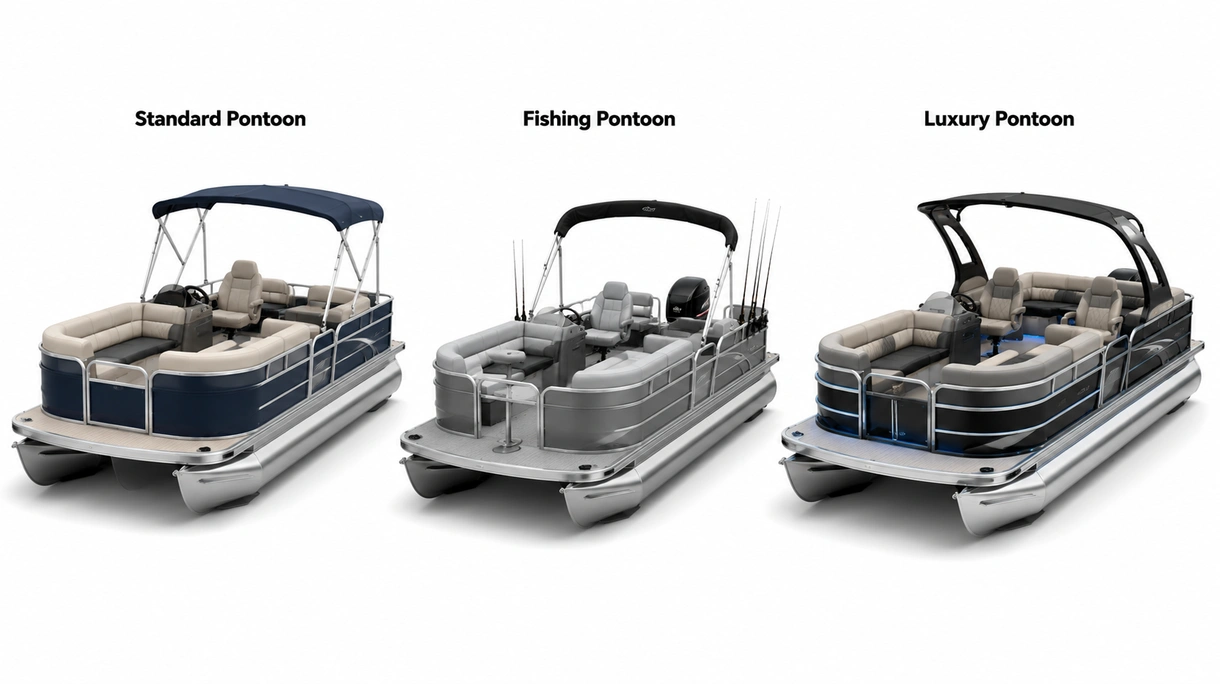 Gros plan détaillé de la structure d'une coque de bateau ponton à trois flotteurs montrant les soudures d'aluminium de haute qualité et la conception des virures de levage hydrodynamiques.