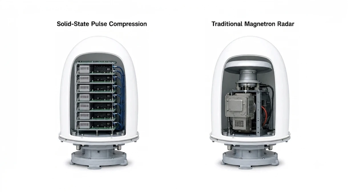 Gros plan technique d'une antenne radôme marine compacte montrant le boîtier robuste étanche et les détails du port de connectivité NMEA.