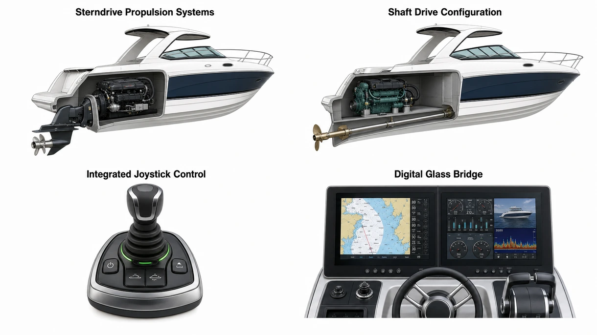 Vue technique détaillée d'un système de propulsion in-bord bi-moteur montrant les points de maintenance accessibles et les prises d'eau de refroidissement.