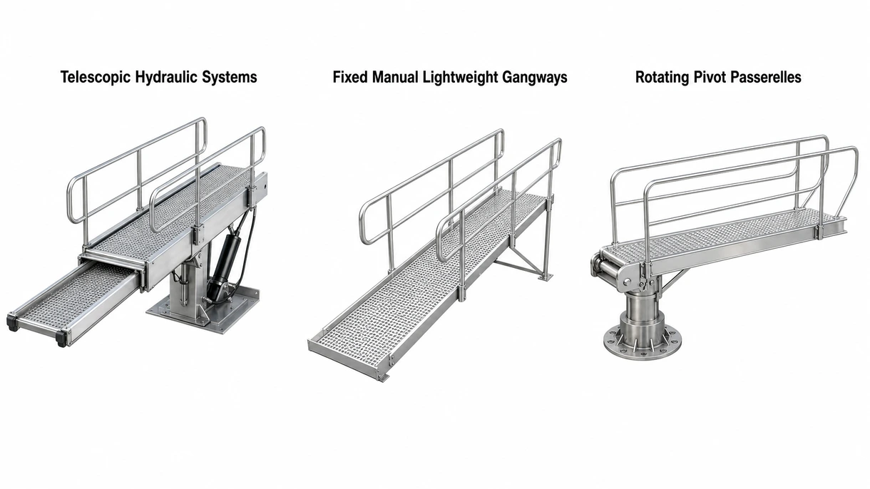 Gros plan technique d'un mécanisme de charnière de passerelle en inox poli montrant les raccords hydrauliques de précision et les textures de surface antidérapantes.