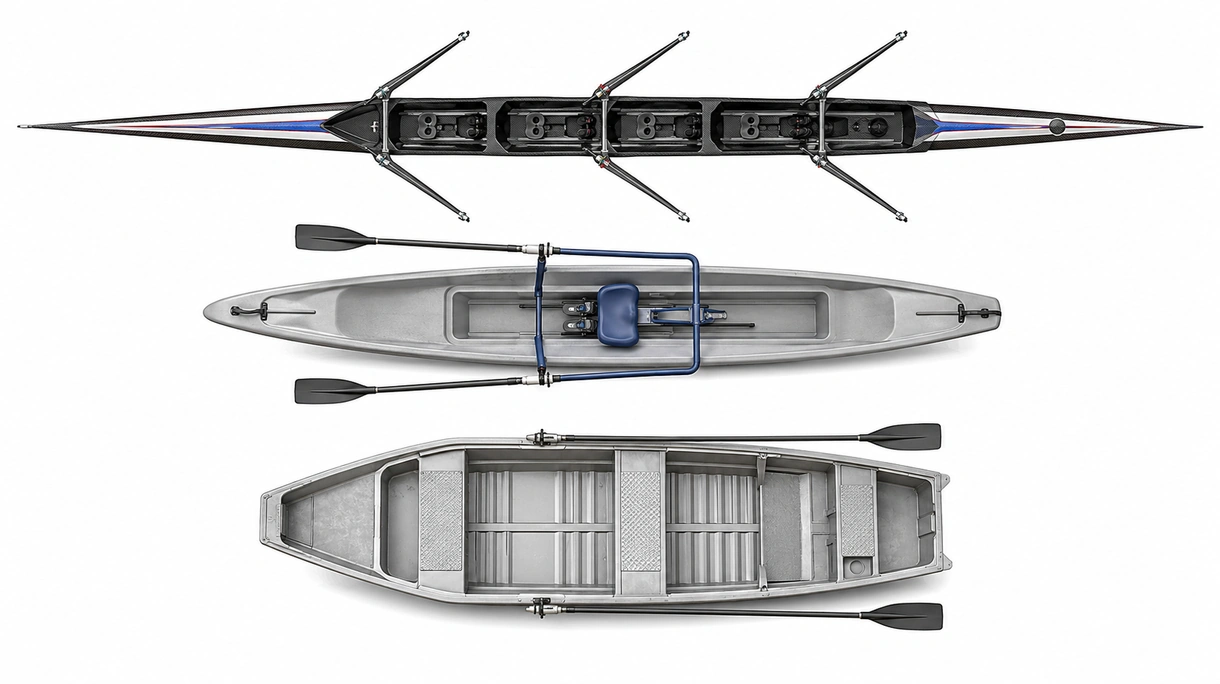 Gros plan détaillé d'un système de dame de nage réglable en acier inoxydable monté sur une coque de bateau d'aviron en composite renforcé pour les ingénieurs maritimes.