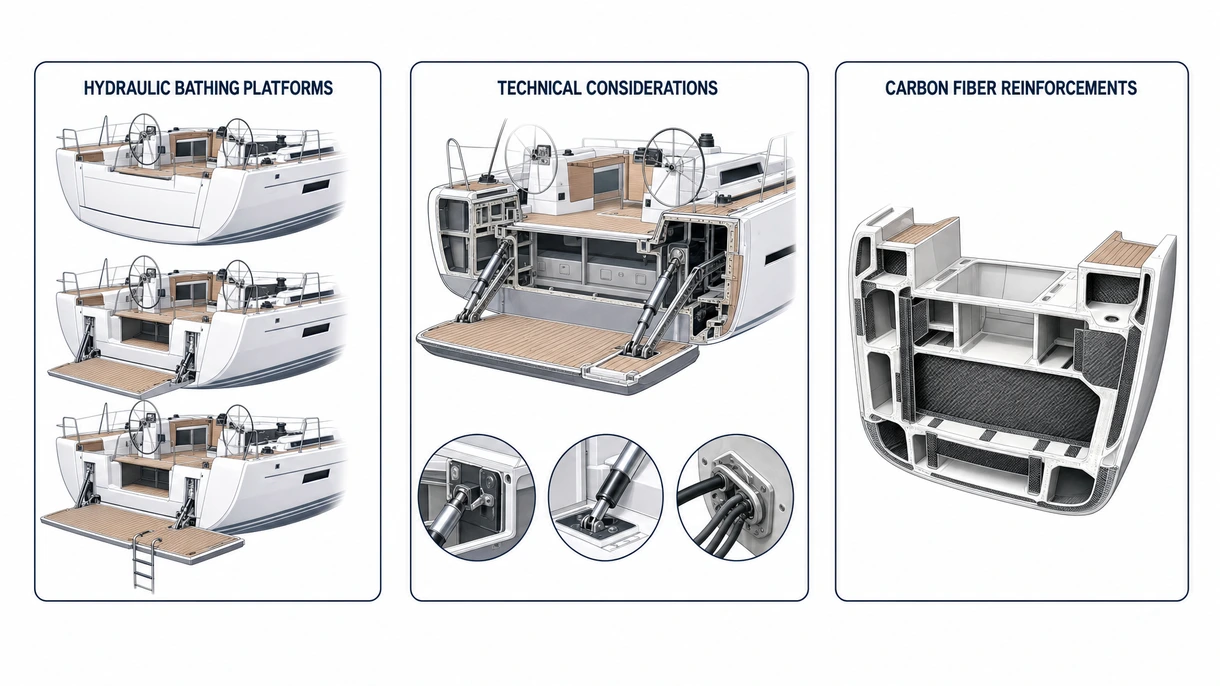 Gros plan technique montrant la charnière structurelle renforcée et le mécanisme hydraulique d'une plateforme de bain intégrée sur un cockpit ouvert.