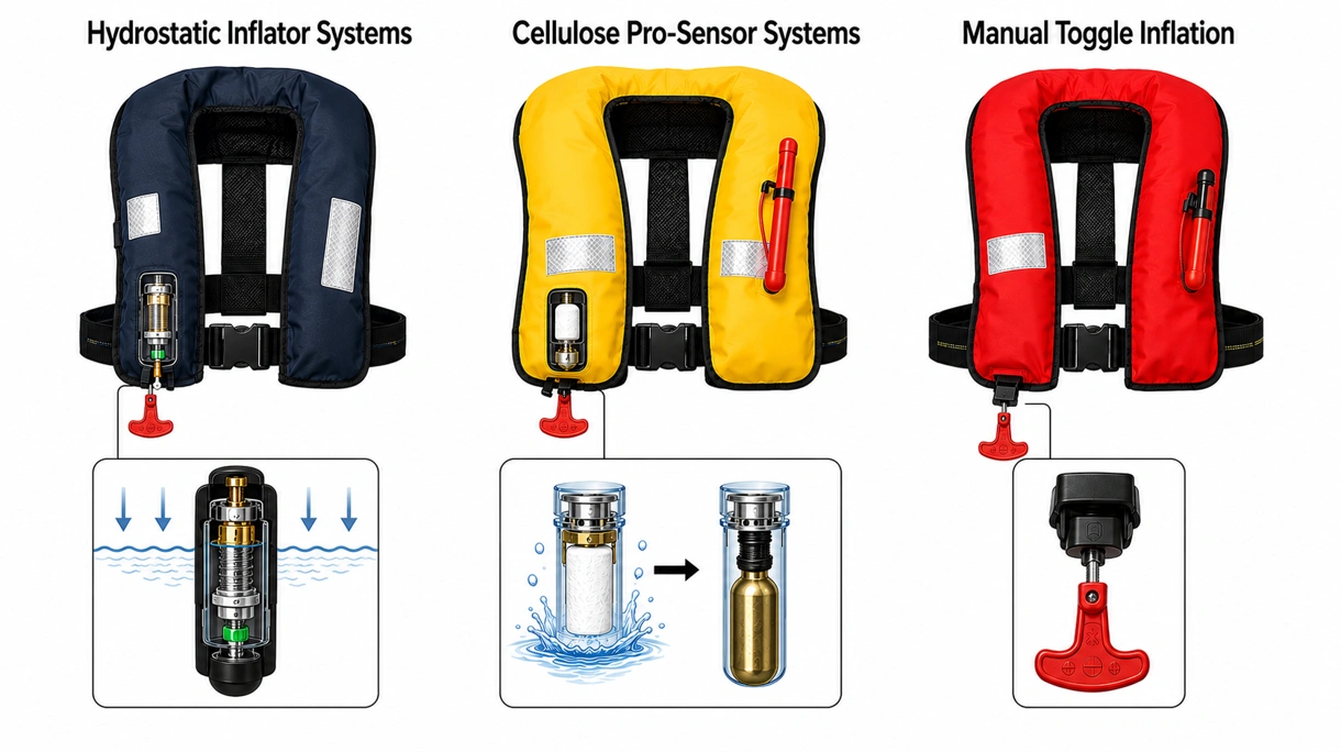 Gros plan d'un mécanisme de gonflage hydrostatique et d'un cylindre de CO2 à l'intérieur d'un gilet de sauvetage maritime de qualité professionnelle.