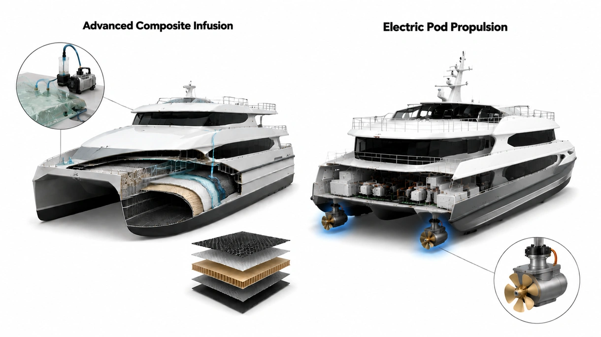 Gros plan technique du système d'hydrofoils d'un navire catamaran montrant l'ingénierie marine de précision et les composants en acier inoxydable de haute qualité.