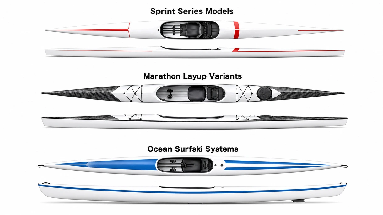 Gros plan détaillé de la stratification en fibre de carbone d'un kayak de course et du système de cale-pieds ergonomique réglable pour un transfert de puissance professionnel.