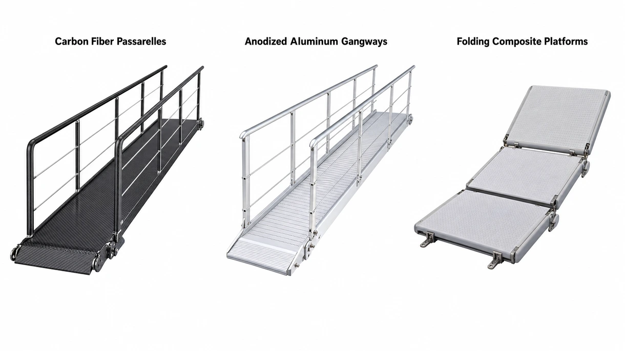 Gros plan d'une charnière de passerelle manuelle en aluminium anodisé et d'une surface antidérapante montrant le matériel et la finition de qualité maritime industrielle.
