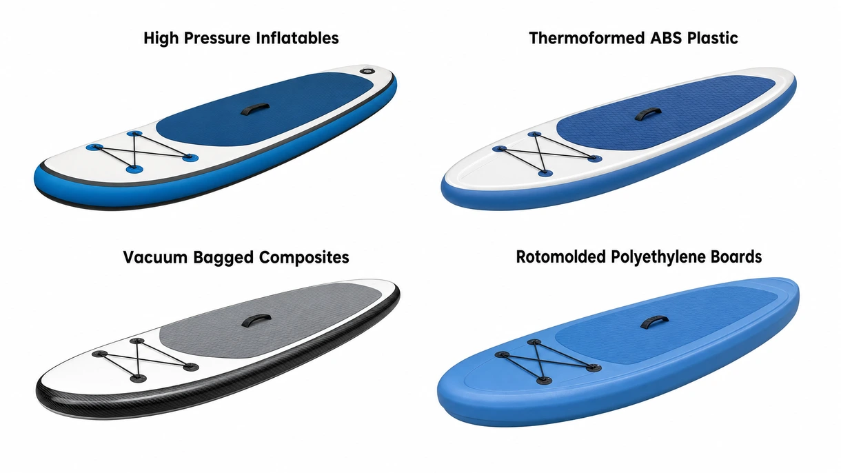 Gros plan technique des couches de PVC drop-stitch haute pression et de la bande de rail renforcée sur un stand-up paddle de qualité professionnelle.