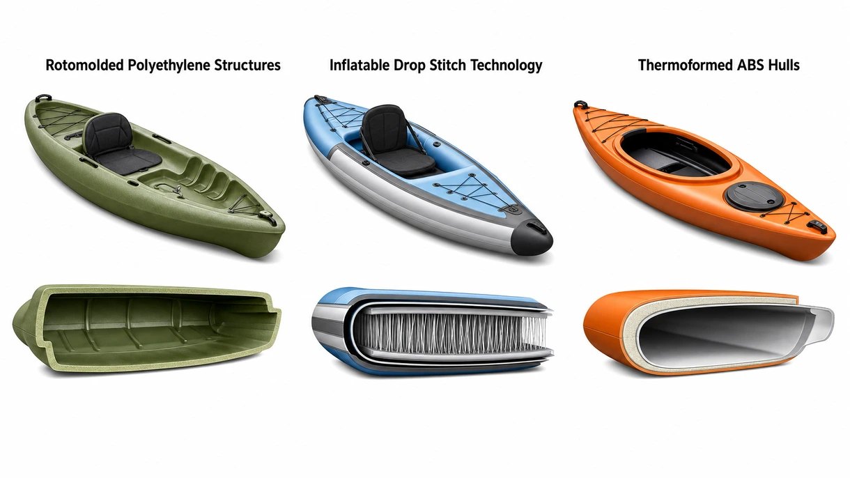 Détail technique d'une coque de kayak en polyéthylène renforcé montrant le drainage intégré par dalots et la finition de surface de qualité marine résistante aux UV.