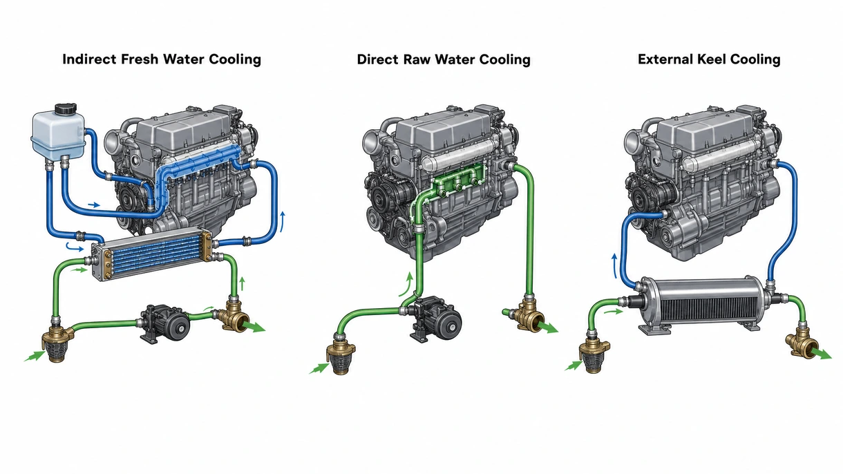 Gros plan technique d'un échangeur de chaleur à plaques en titane sur un moteur refroidi par eau de type marin montrant les vannes de flux du liquide de refroidissement.