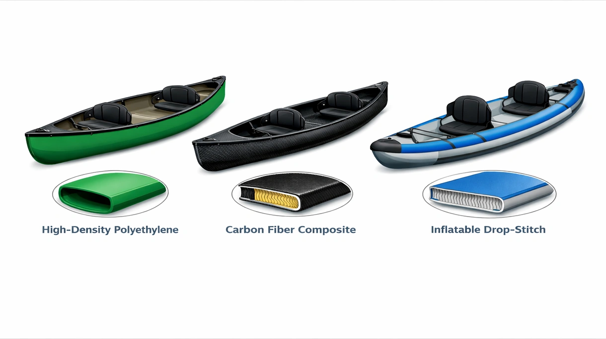 Gros plan technique d'une coque de canoë renforcée montrant du polyéthylène réticulé de qualité industrielle et un accastillage de pont robuste.