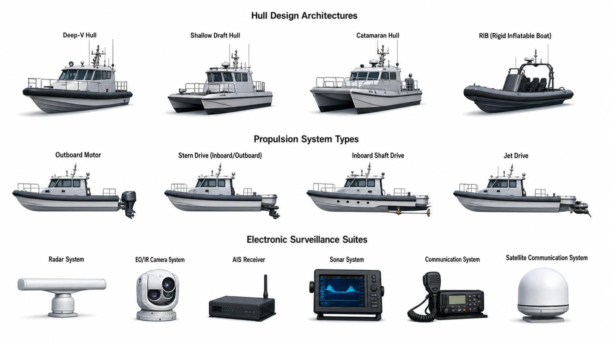 Gros plan technique sur la propulsion par hydrojet marin et le tableau arrière renforcé d'un navire d'interception professionnel à haute vitesse.