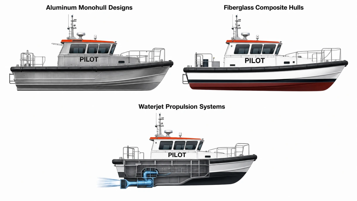 Détail technique d'un système de défense intégré et d'une plateforme de sauvetage encastrée sur une coque moderne de bateau pilote en aluminium.