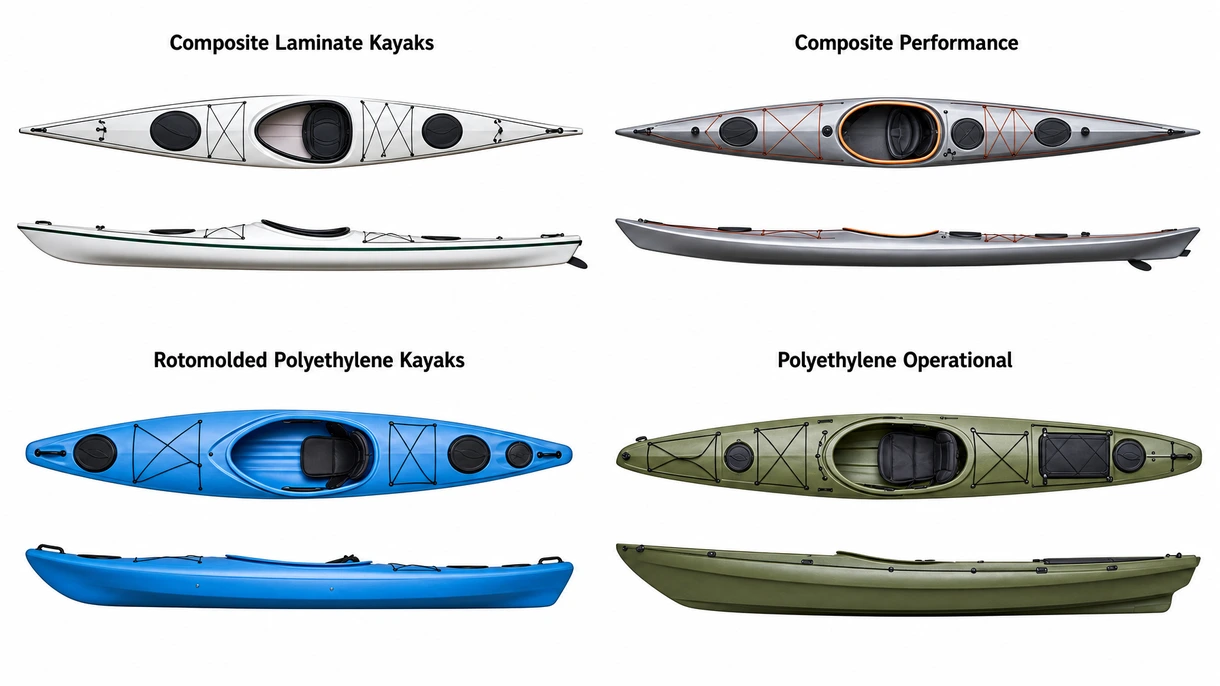 Détail technique de la coque d'un kayak de mer en composite renforcé montrant le tissage de fibre de carbone infusé sous vide et les joints d'étanchéité.