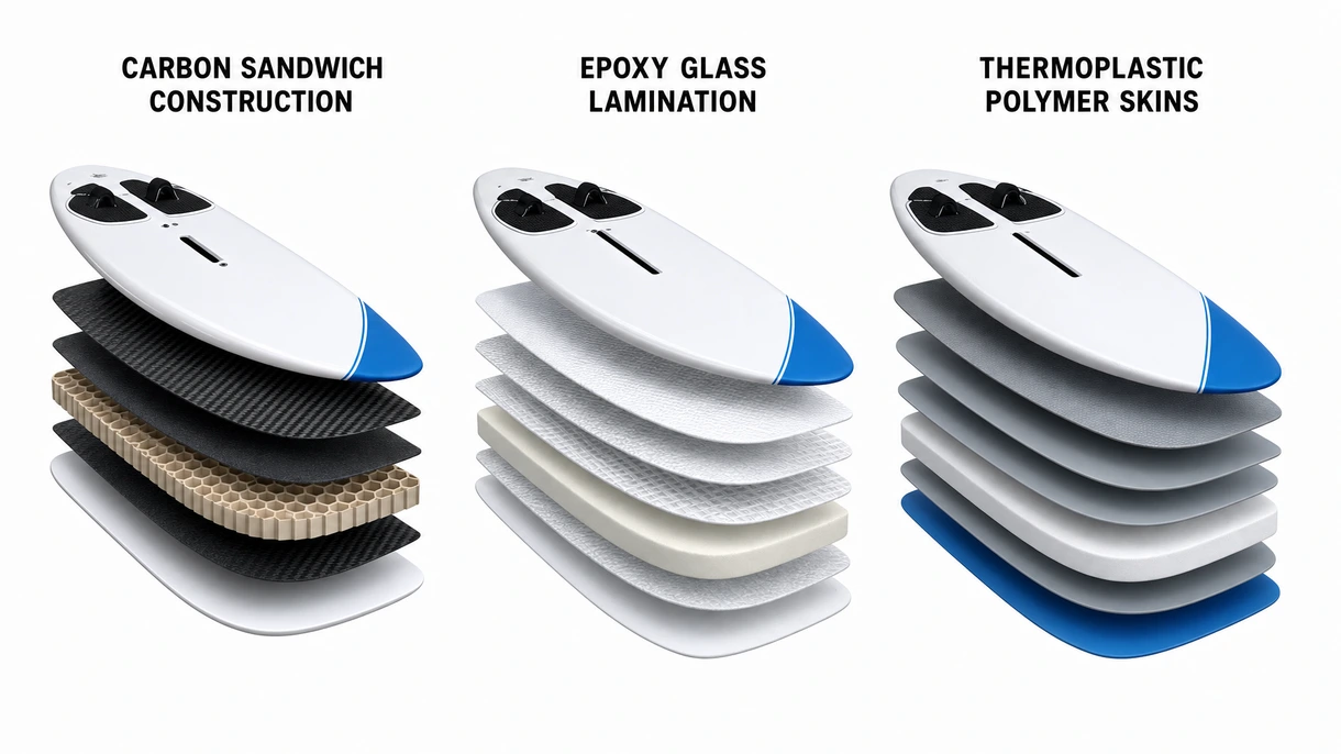 Une vue macro technique de la stratification en fibre de carbone renforcée et du rail de mât intégré sur une planche à voile.
