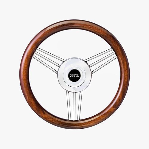 Volant en inox pour bateau à moteur - Volvo Penta - habillage cuir / en acajou / course