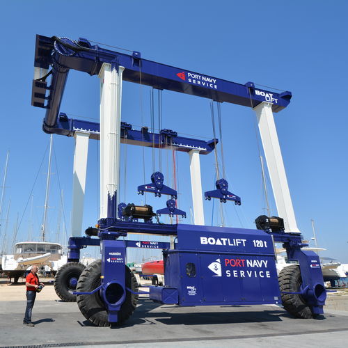 Travel lift contrôlé à distance - BL120TLA-90°RC - BOAT LIFT - toutes roues directrices / pour charge lourde / avec traverse réglable en largeur