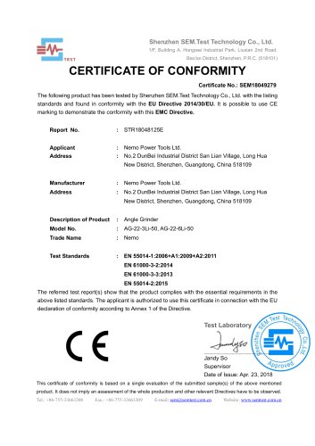 CE-certificate for Angle Grinder