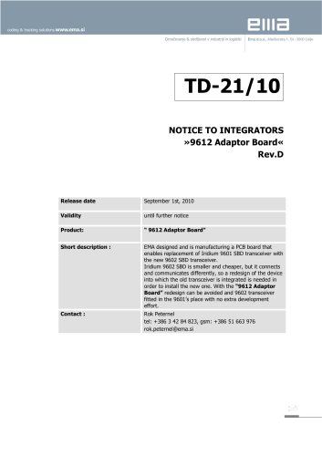 EMA Adaptor Board 9612 Notice to Integrators