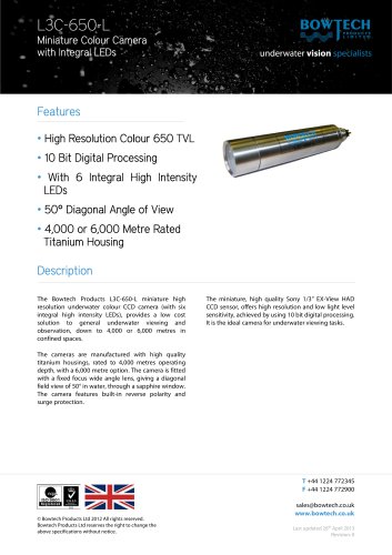 L3C-650-L Miniature High Resolution Underwater Colour CCD Camera