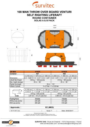 100 MAN THROW OVER BOARD VENTURI SELF RIGHTING LIFERAFT ROUND CONTAINER