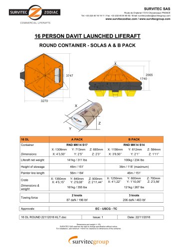 16 PERSON DAVIT LAUNCHED LIFERAFT ROUND CONTAINER - SOLAS A & B PACK