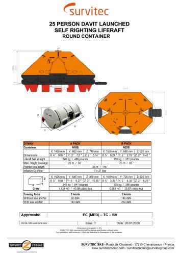 25 PERSON DAVIT LAUNCHED SELF RIGHTING LIFERAFT ROUND CONTAINER