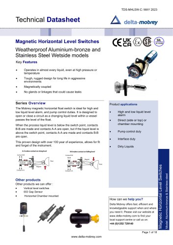 Magnetic Horizontal Level Switches Weatherproof Aluminium-bronze and Stainless Steel Wetside models