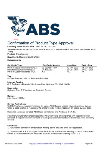 ULTRA Anchor ABS Type Approval