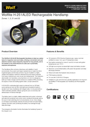 WOLFLITE® H-251ALED RECHARGEABLE HANDLAMP PRODUCT INFORMATION SHEET