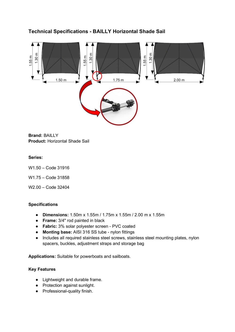 Horizontal shade sail Technical Data Sheet - Bailly